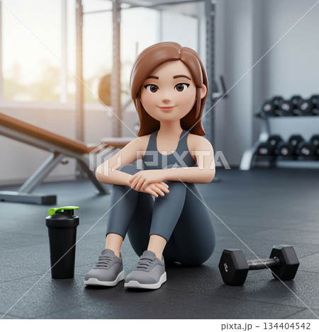 3D Illustration of Woman Resting After Workout with Dumbbell at Gym 3D Illustration of Woman Resting After Workout with Dumbbell at Gym 134404542
