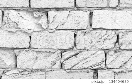 Close-up photo of a white shell rock stone brick wall showcasing its rustic rough texture Close-up photo of a white shell rock stone brick wall showcasing its rustic rough texture 134404689