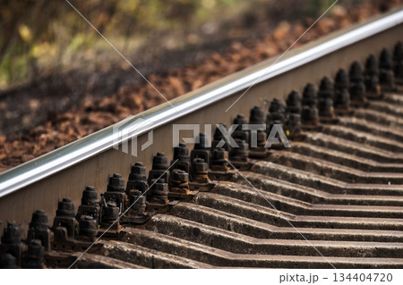 A close-up view of railroad tracks highlighting bolts, rails, and concrete sleepers 134404720
