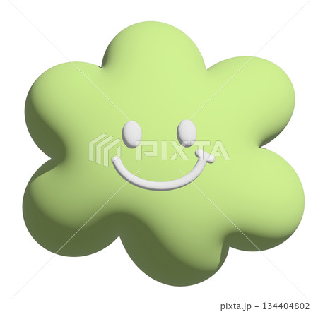 Happy green flower in 3D illustration for model, inflated merchandise, plants, tree, nature, garden, floral print, decorations, cartoon character, comic, mascot, cute patch, brooch, print, sticker	 134404802