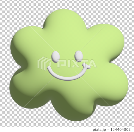 Happy green flower in 3D illustration for model, inflated merchandise, plants, tree, nature, garden, floral print, decorations, cartoon character, comic, mascot, cute patch, brooch, print, sticker	 134404802