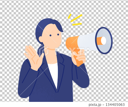 重大ニュースを発表する広報。キャンペーンやセールの告知をするスーツ姿の女性のイラスト。 134405063