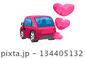 Cute pink cartoon car rear view with heart shaped smoke clouds from exhaust pipe, isolated on white background. Vector illustration concept for love, romance and Happy Valentine's day journey. 134405132