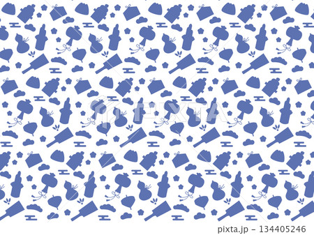 シンプルなお正月の縁起物のシルエットのシームレスパターン素材（ブルー） 134405246