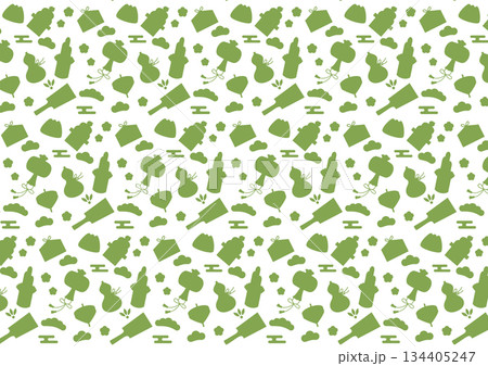 シンプルなお正月の縁起物のシルエットのシームレスパターン素材（グリーン） 134405247