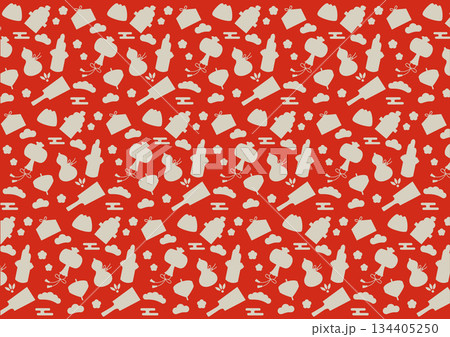 シンプルなお正月の縁起物のシルエットのシームレスパターン素材（赤） 134405250