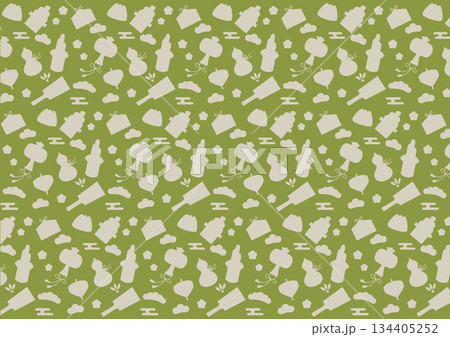 シンプルなお正月の縁起物のシルエットのシームレスパターン素材（緑） 134405252