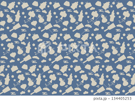 シンプルなお正月の縁起物のシルエットのシームレスパターン素材(ネイビー) シンプルなお正月の縁起物のシルエットのシームレスパターン素材(ネイビー) 134405253