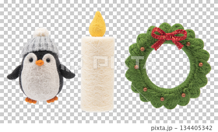 Cute Needle Felted Penguin and Christmas Wreath Set Isolated 134405342