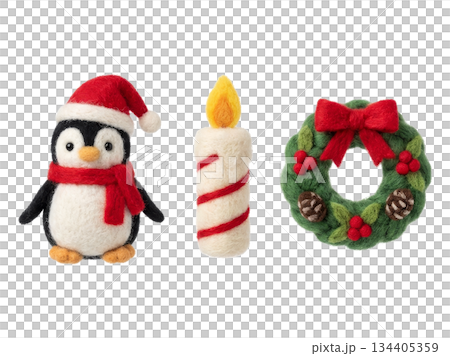 Cute Needle Felted Penguin and Christmas Wreath Set Isolated 134405359