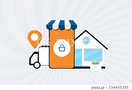 Location-based logistics delivery with tracking route optimization. Business transportation package home service, gps map navigation marker house icon fleet courier planning efficiency illustration 134405385