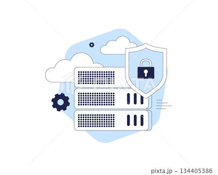 Cloud server data protection graphic shields information assets. Cloud data protection locks storage with encryption and compliance for 2026 secure business tech infrastructure. Vector illustration 134405386