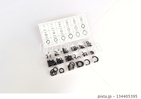 A variety pack of black rubber O-rings and gaskets organized A variety pack of black rubber O-rings and gaskets organized 134405395