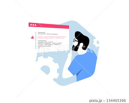 Code debugging process identifies software bugs quickly. Code inspection process fixes errors with red alerts in thoughtful developer review for 2026 software quality assurance. Vector illustration 134405398