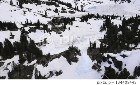 Snowy mountain valley panning showing partially frozen lake and pine trees. Media Snowy mountain valley panning showing partially frozen lake and pine trees. Media 134405445