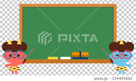 Illustration of a red and blue demon with glasses explaining on a blackboard Illustration of a red and blue demon with glasses explaining on a blackboard 134405682