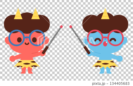 Illustration of red and blue demons wearing glasses explaining 134405683