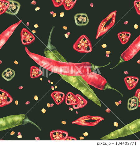 Hot chilli pepper watercolor seamless pattern. Green and red whole pods and cut sliced vegetables Hand drawn illustration. Cayenne seeds spice for food fabric Illustration on isolated dark background 134405771