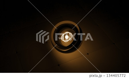 Luminous atomic energy sphere spinning on a grid floor 134405772