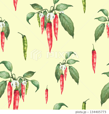 Watercolor chili peppers seamless pattern. Hand drawn Red and green spicy chilli plant pods branches with leaves and flowers. Botanical fabric, wallpaper. Isolated illustration on yellow background Watercolor chili peppers seamless pattern. Hand drawn Red and green spicy chilli plant pods branches with leaves and flowers. Botanical fabric, wallpaper. Isolated illustration on yellow background 134405773