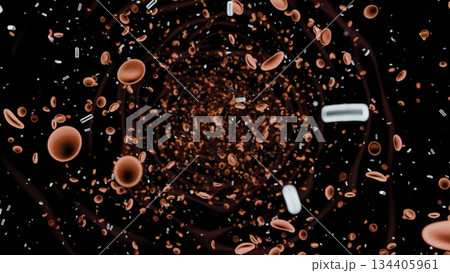 Red blood cells and bacteria flowing inside artery 134405961