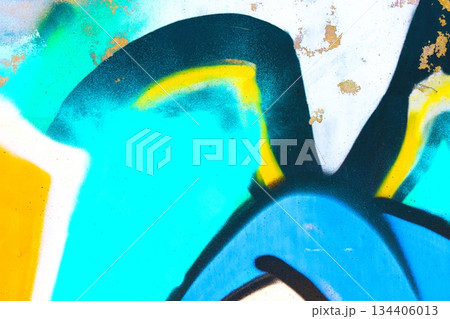 Vibrant Abstract Spray Paint Texture in Neon Blue, Yellow for Urban Graffiti Art 134406013