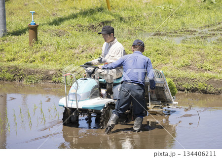 息子に田植え機の操作を教える父親　米農家 134406211