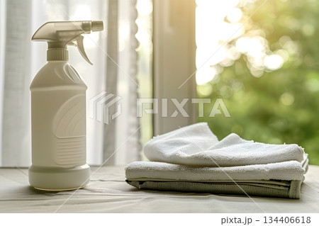 スプレーボトルとマイクロファイバークロスによる清掃・除菌・衛生管理のコンセプト 134406618