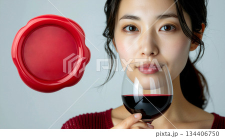 赤ワインを飲む日本人女性とワインシーリング のデザイン背景　generative ai 134406750
