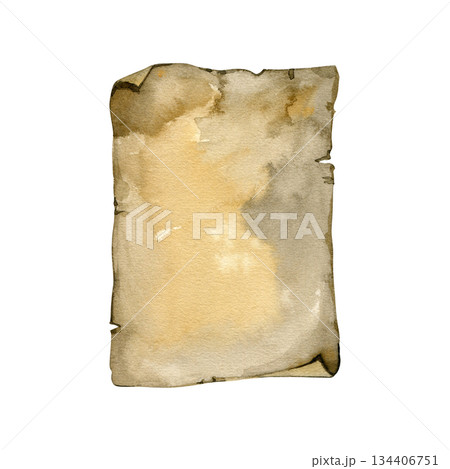 Hand painted watercolor aged paper sheet with irregular edges and soft stains. Perfect for vintage backgrounds, antique letters, journals, medieval manuscripts, fantasy projects, invitations, prints 134406751