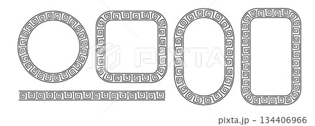 Greek doodle frames set. Hand drawn roman circle, oval and rectangle frame. Greek or Roman ancient motif border design. Ancient ornament elements. Vector illustration isolated on white background 134406966