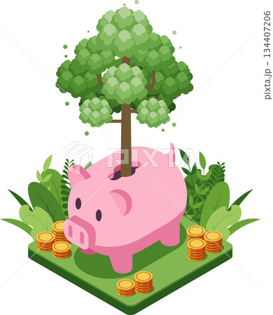 Isometric Piggy Bank with a Growing Tree Isometric Piggy Bank with a Growing Tree 134407206