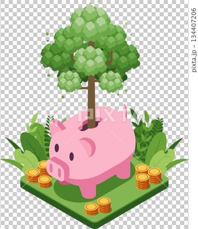 Isometric Piggy Bank with a Growing Tree Isometric Piggy Bank with a Growing Tree 134407206