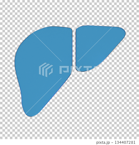 健康肝臟的平面圖標的 3D 插圖。透明藍色玻璃變形標記 2 134407281