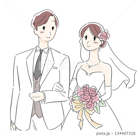 結婚式の新郎新婦イラスト　シンプルでやさしいウェディングイメージ 134407316