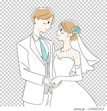 Illustration of a bride and groom facing each other - A simple and gentle wedding image Illustration of a bride and groom facing each other - A simple and gentle wedding image 134407317