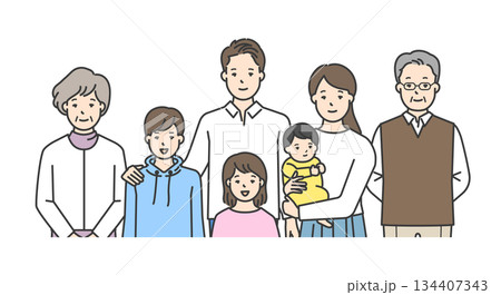 家族のイラストベクター素材（3世代・7人家族） 134407343