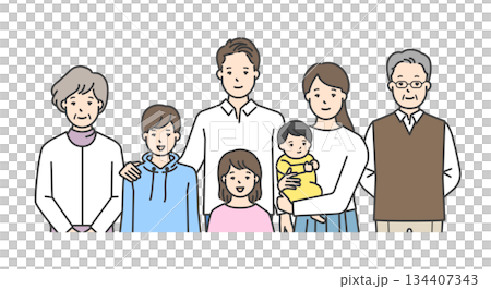 家庭插畫向量素材（三代，7 位成員） 134407343