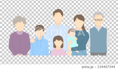 家庭插畫向量素材（三代，7 位成員） 134407344