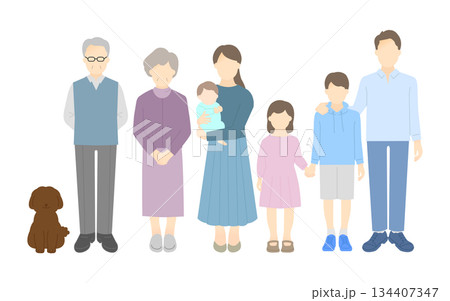 家族のイラストベクター素材（3世代・7人家族） 134407347