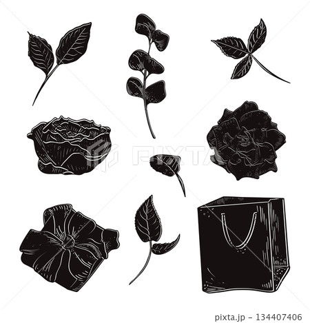 Various decorative floral elements, leaves, rose, and gift bag. Gift box with bow and flowers hand drawn silhouette vector set isolated. Drawing of nature, beauty, and present for greeting card. 134407406