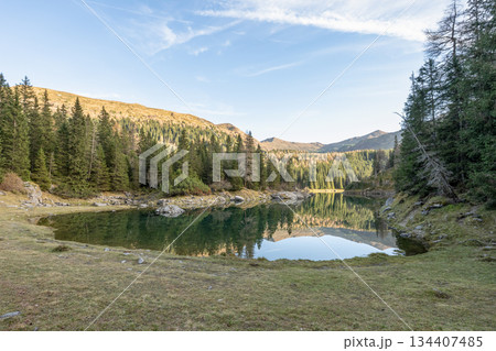 Summer time at romantic forest Lake Obernberg scenic mountain lakes landscape in Austria, Tyrol Summer time at romantic forest Lake Obernberg scenic mountain lakes landscape in Austria, Tyrol 134407485