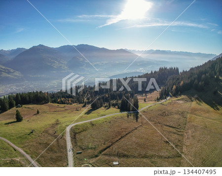 Walderalm Gnadenwald scenic landscape view Nordkette mountain alps in Tyrol aerial view of Alps near Innsbruck Austria Walderalm Gnadenwald scenic landscape view Nordkette mountain alps in Tyrol aerial view of Alps near Innsbruck Austria 134407495