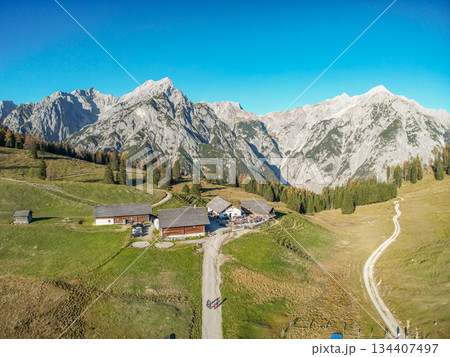 Walderalm Gnadenwald scenic landscape view Nordkette mountain alps in Tyrol aerial view of Alps near Innsbruck Austria Walderalm Gnadenwald scenic landscape view Nordkette mountain alps in Tyrol aerial view of Alps near Innsbruck Austria 134407497