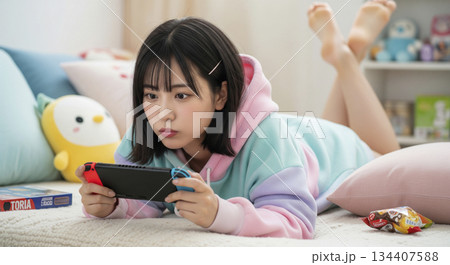 携帯ゲーム機で遊ぶ女性 134407588