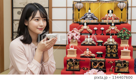 ひな祭りを祝う女性 134407600