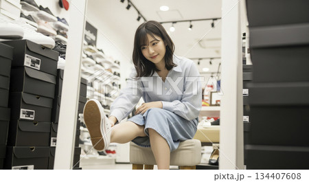 靴屋で新しい靴の試し履きをする女性 134407608