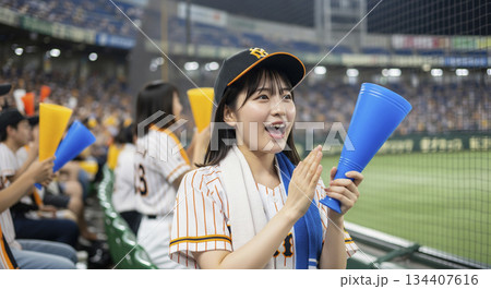 野球観戦をする若い女性 134407616