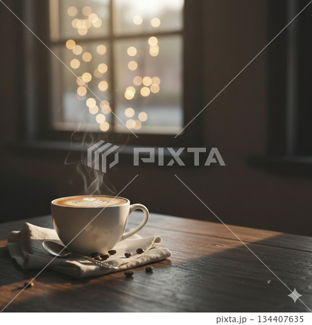 カフェタイムのイメージ素材　落ち着いた雰囲気のコーヒーカップと広々としたコピースペース 134407635