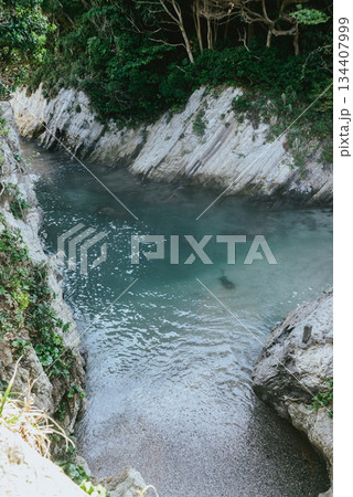 岩壁に囲まれた細長い入り江　どんどん引き　荒崎海岸　神奈川県横須賀市 134407999